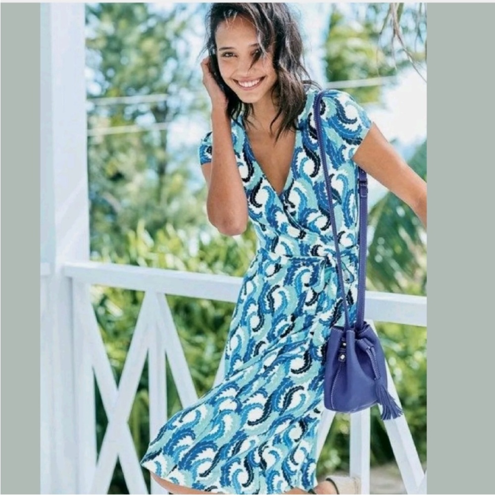 Boden Summer Blue Acanthus Leaf Print Jersey Knit Midi Wrap Dress Size 2 Petite